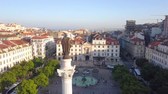 LISBON, PORTUGAL - JANUARY 22, 2025: Aerial view of Rossio Square and its historic architecture in the heart of Lisbon