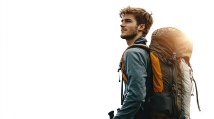 Fototapeta premium Young hiker contemplates view, mountains background, travel adventure