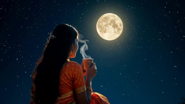 Indian housewife in traditional attire enjoying a steaming cup of tea under a starry night sky with a full moon