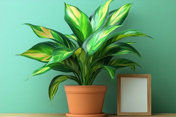 Vibrant Green Plant in Terracotta Pot Beside Frame