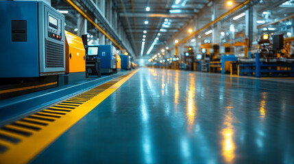 A futuristic smart factory interior highlighting IIoT machines, efficient workstations, and automated production lines, creating an optimized manufacturing environment for enhanced performance and inn