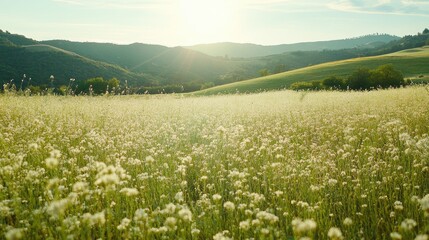 A lush meadow with soft wildflowers, gently swaying in the breeze, surrounded by tall grass and framed by distant rolling hills. Bright sunlight and serene atmosphere.