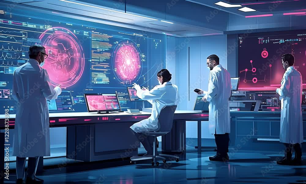 Aufkleber Scientists analyze data in futuristic lab