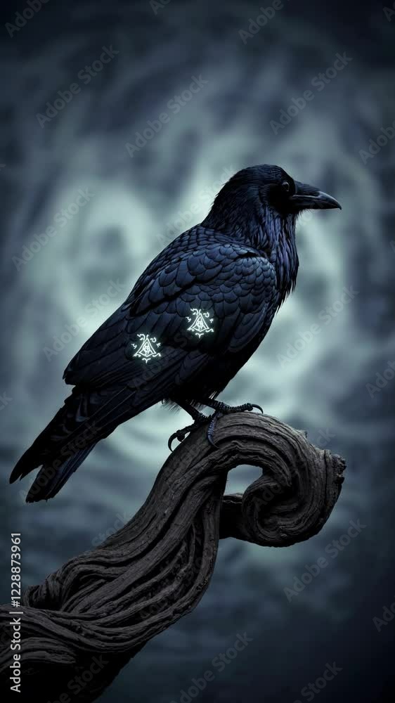 Poster a regal black raven perched on an ancient branch, its feathers subtly illuminated by arcane symbols 