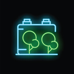 Glowing neon icon of a green battery with trees growing inside representing renewable energy