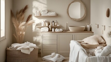 A neutral nursery corner with a changing table and organized baby supplies, bathed in soft light.