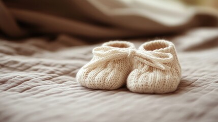A pair of baby booties tied together with a ribbon, placed on a smooth fabric surface.