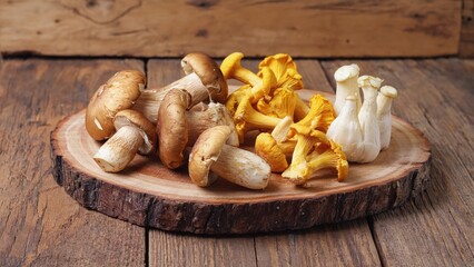 Fototapeta premium Autumn Harvest, A Colorful Array of Wild Mushrooms on Rustic Wood