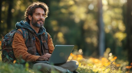 A man sitting confidently outdoors with a laptop on his lap