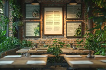 Fototapeta premium Lush Greenery Adorns Brick Wall Restaurant Tables