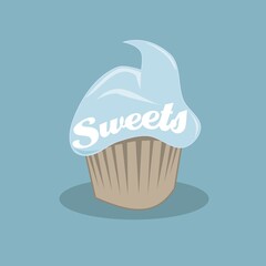 Sweet cartoon cupcake on a turquoise background, vector illustration