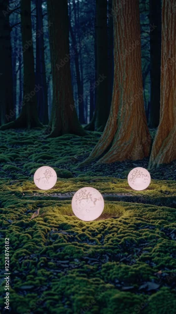 Poster an enigmatic forest clearing at twilight, where soft glowing orbs hover above ancient runes etched i
