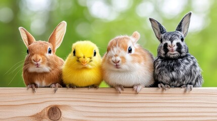 Fototapeta premium Adorable Group of Small Animals: Brown Rabbit, Yellow Chick, Fluffy Brown Rabbit and Black and White Spotted Rabbit Sitting Togeth