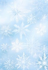 Abstract pattern of snowflakes in varying sizes and shapes in soft white and blue gradients, AI generated
