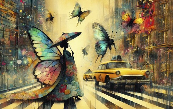 Vibrant painting of a woman with butterfly wings crossing the road with a yellow taxi nearby, shunga vintage japanese themed style art, AI generated