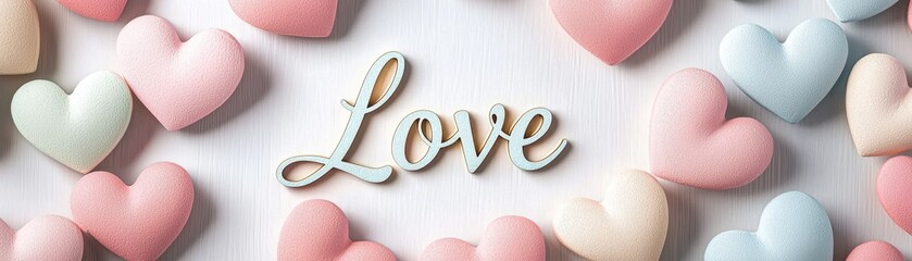 Heartwarming Display of Pastel Hearts Surrounding the Love Word on a Soft Background