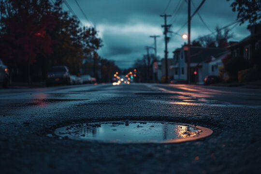 A weathered pit on a city street set in a calm and serene urban scene.