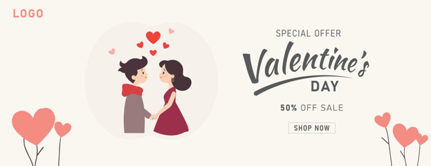 Valentine's Day special offer 50% off sale advertisement social media banner or poster design with love couple cartoon clipart heart vector illustration
