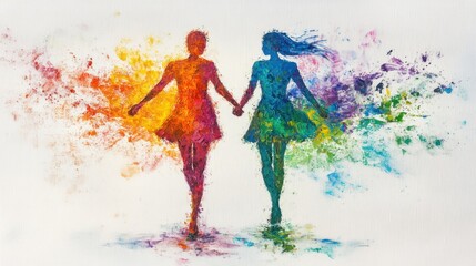 Fototapeta premium Rainbow acrylic strokes forming a couple silhouette, symbolizing love and equality, set against a white canvas.