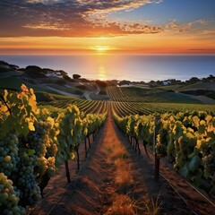 Fototapeta premium AI generated panoramic view of a coastal vineyard with ocean in the background in ambient light