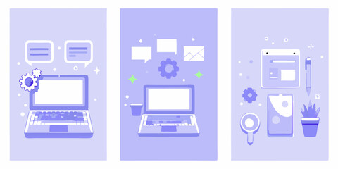 Isometric tech devices, purple and green color scheme