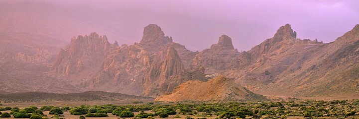 Panorama Plateau Llano de Ucanca, Roques de Garcia, Las Cañadas, at sunset, Teide National Park, Tenerife, Canary Islands, Spain, Europe