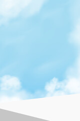 White podium on sky blue, cloud background,Summer banner 3d platform display for cosmetic product presentation,Minimal abstract stage stand mock up design,Vector Spring sky with white building corner