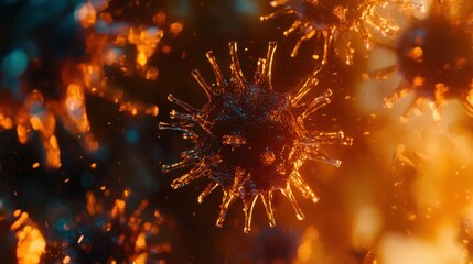 Fototapeta premium Realistic microscopic imagery of viruses with prominent, symmetrical spike formations.
