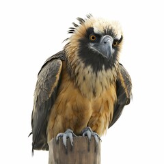 Fototapeta premium Portrait of an bearded vulture who sits on a pole, white backround, AI generated Art