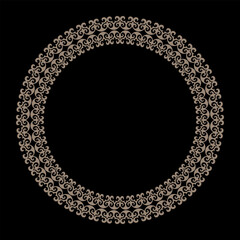 Oriental gold round frame with arabesques on a black background. Ethnic pattern Turk, Mongol, Kyrgyz, Kazakh. For Ceramic, embroidery, border, sandblasting, household utensils, textiles, porcelain