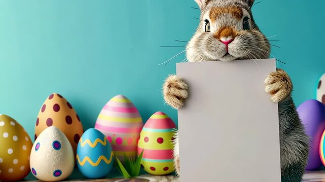 Funny baby rabbit holding a blank poster. Copy space for your text.