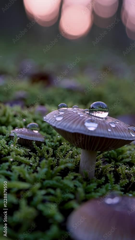 Poster A serene scene at dawn with dewdrops glistening on mushroom caps, emphasizing the fragile textures and the gentle interplay of light.
