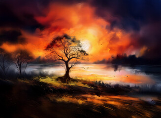 Obraz premium Fiery sunset paints the sky above a solitary tree standing by a tranquil lake. The scene evokes a sense of peace and wonder.