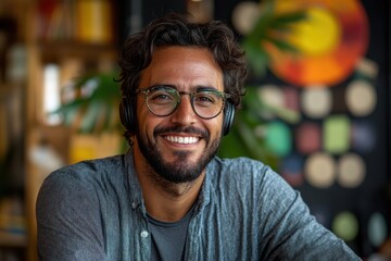 Fototapeta premium Argentina smiling confidently while analyzing trends during a business call.