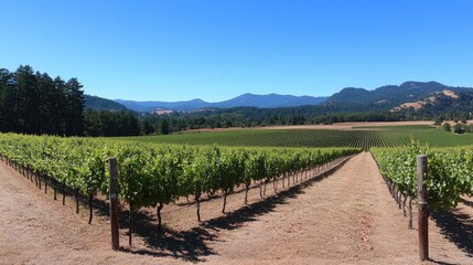 Naklejka premium A sunny vineyard with neat rows of grapevines stretching into the distance, under a bright blue sky. Natural beauty and abundance.