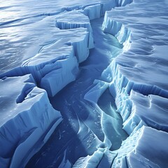 Fototapeta premium Glaciers crevasse from an aerial top down view with deep blue hues echoing the glaciers dynamic, AI generated