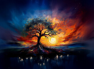 A vibrant digital painting depicts a solitary tree, its roots exposed, standing between a fiery sunset and a cool, dark night sky.  The scene is surreal and dreamlike, filled with contrasting colors a