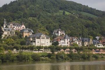 Obraz premium Private residences along the Neckar river, Heidelberg, Baden-Württemberg, Germany, Europe