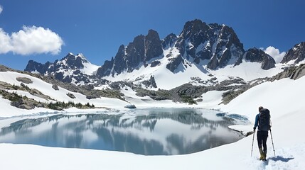 Hiker near alpine lake, majestic mountains, sunny day