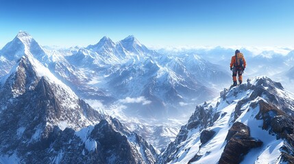 Climber Summit Panorama Himalayan Peak Achievement
