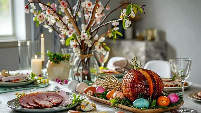 Easter dinner on table in the garden