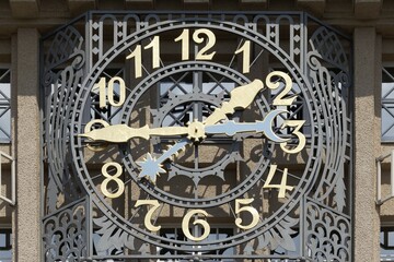 Clock on the facade, German National Library, foundation building from 1914, Leipzig, Saxony,...