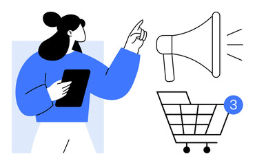 Woman holding tablet points toward a loudspeaker beside a shopping cart with notification. Ideal for e-commerce, marketing, customer engagement, online shopping, digital advertising, user