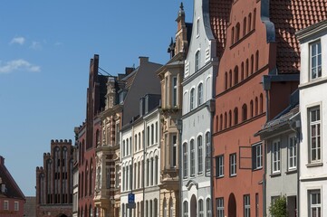 Facades from different eras, Wismar, Mecklenburg-Western Pomerania, Germany, Europe