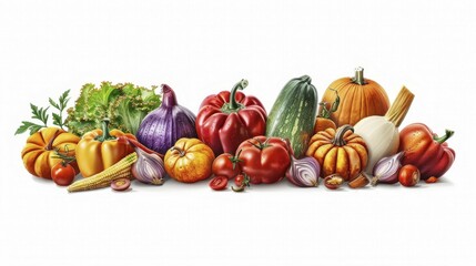 A collection of various realistic vegetables including pumpkins, peppers, zucchini, onions, garlic, and corn, AI generated