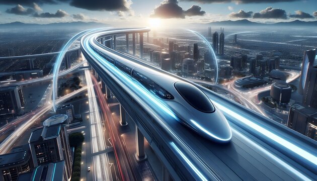 A futuristic hyperloop transport system with sleek aerodynamic design, ultra-fast speed, and AI-powered automation, set in a futuristic city landscape