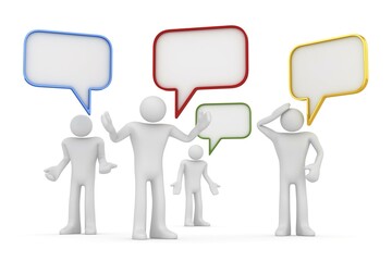 White mans with speech bubbles, This is a 3d rendered computer generated image. Isolated on white