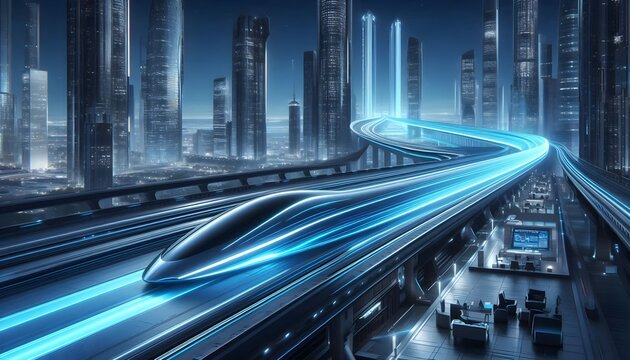 A futuristic hyperloop transport system with sleek aerodynamic design, ultra-fast speed, and AI-powered automation, set in a futuristic city landscape