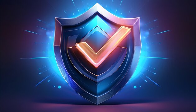A vibrant shield icon with a glowing checkmark symbolizes security and trustworthiness in a digital context.