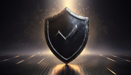 A sleek black shield with a check mark, illuminated by a golden light, symbolizes protection and security in a modern digital context.